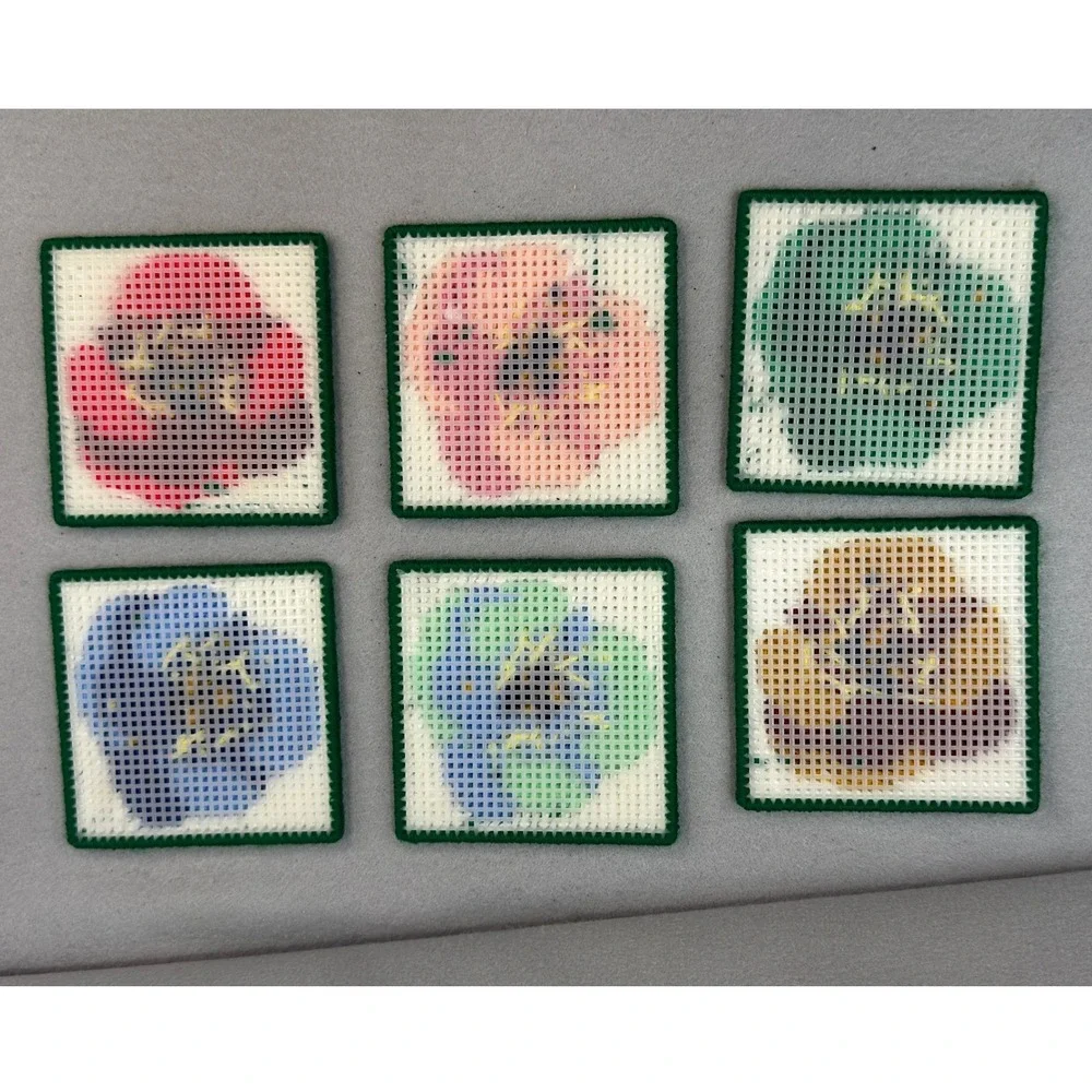 Cottagecore Floral Pansy Coaster Set Multicolor Yarn Needlepoint Handmade